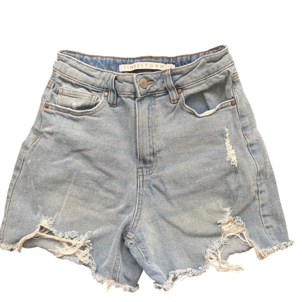 Tinseltown Womens High Rise Distressed Denim Shorts Light Wash Blue Size 7